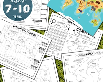 Kids Geography Activity Sheets - World Map Activity Sheets - Printable Kids Activity Sheets- Kids Geography -Instant Download -Print at Home