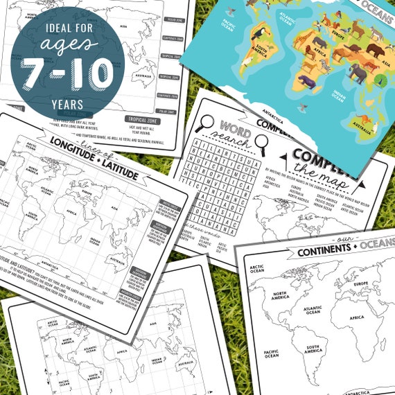 Kids Geography Activity Sheets - World Map Activity Sheets - Printable Kids Activity Sheets- Kids Geography -Instant Download -Print at Home Il_570xn