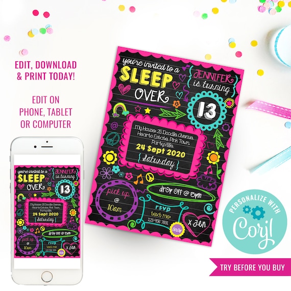 Neon Sleepover Invitation Tween Girls Sleep Over Party Slumber 