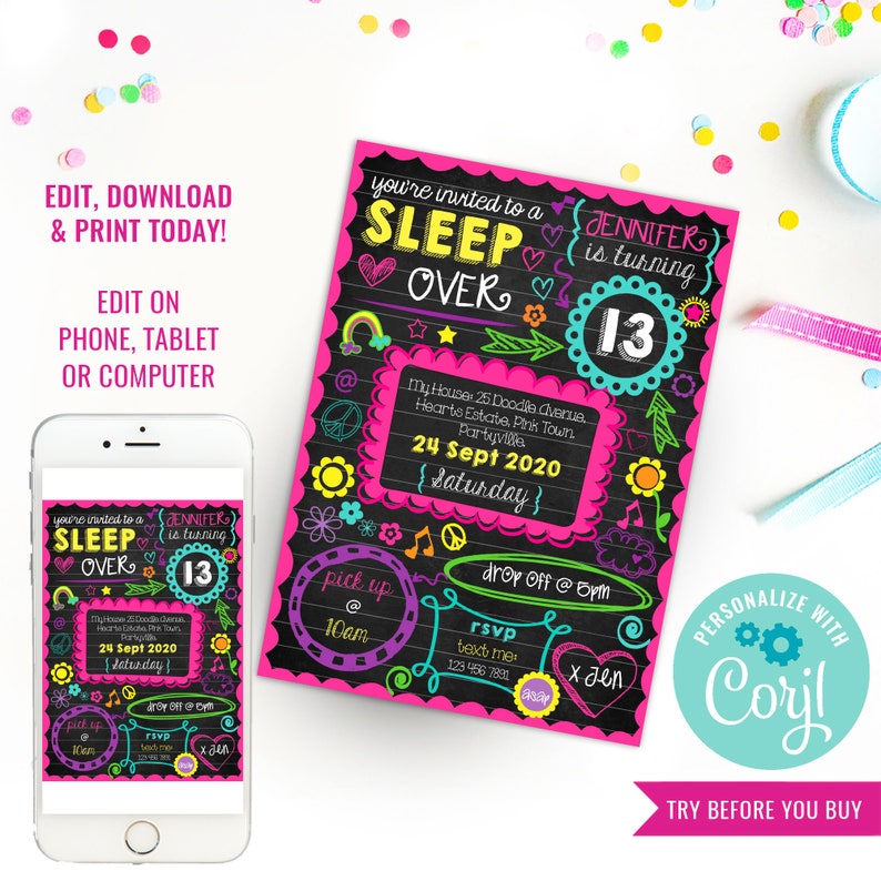 May include: A pink and black printable invitation for a sleep over party. The invitation features a chalkboard background with colorful doodles and the text "You're invited to a Sleep Over" and "Jennifer is turning 13".