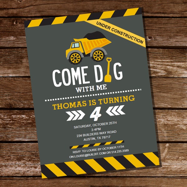 Come Dig With Me Construction Party Invitation  - Boys Construction Party  invitation Instantly Downloadable and Editable File