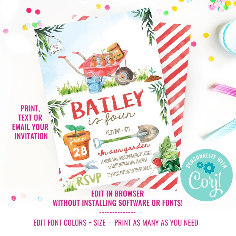 May include: A garden party invitation featuring a red wheelbarrow, watering can, and gardening tools. The invitation includes the text "Bailey is four" and "June 28". The design incorporates watercolour illustrations of plants and vegetables.