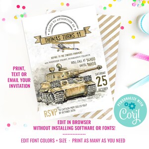 Puede incluir: Una invitaci&oacute;n imprimible para una fiesta de cumplea&ntilde;os de un ni&ntilde;o de 11 a&ntilde;os con tem&aacute;tica militar. La invitaci&oacute;n presenta un tanque y un avi&oacute;n de dibujos animados, y el texto "Thomas Turns 11".