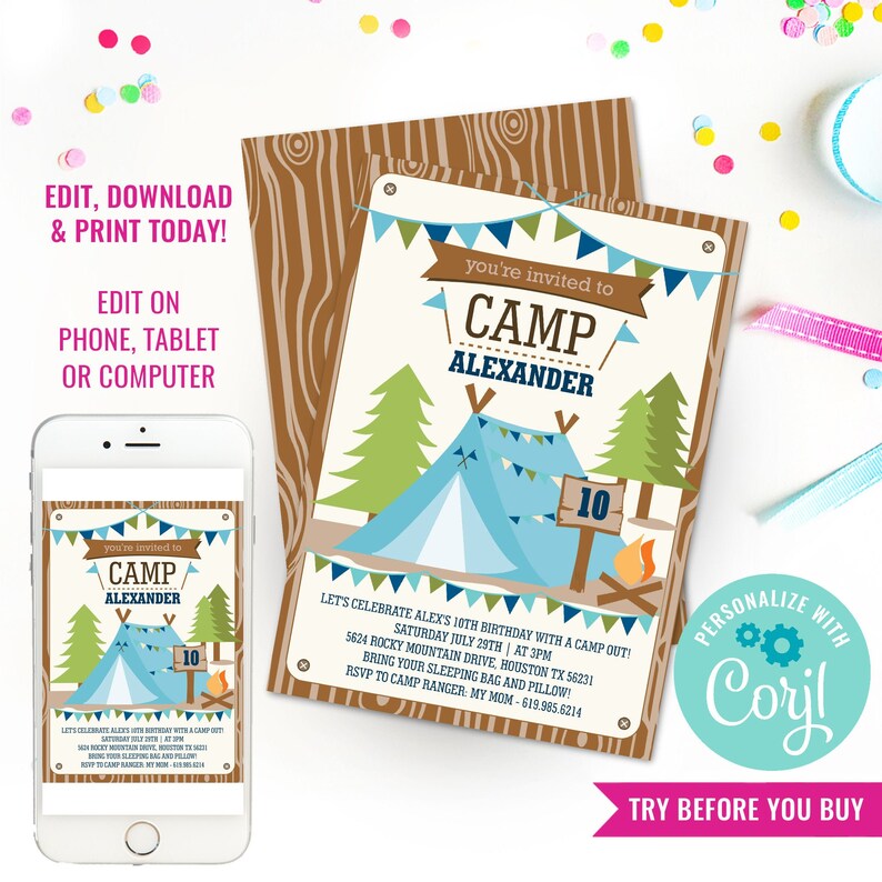 May include: A printable invitation for a 10th birthday party with a camping theme. The invitation features a blue tent, a campfire, and a sign that says "Camp Alexander". The text on the invitation reads "Let's celebrate Alex's 10th birthday with a camp out! Saturday July 29th | At 3pm 5624 Rocky Mountain Drive, Houston TX 56231 Bring your sleeping bag and pillow! RSVP to Camp Ranger: My Mom - 619.985.6214"
