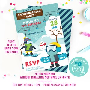 May include: A blue and white birthday invitation for a 12th birthday party. The invitation features a cartoon illustration of two children snowboarding. The text on the invitation reads "Join us for a Snowboarding Party for William's 12th Birthday".