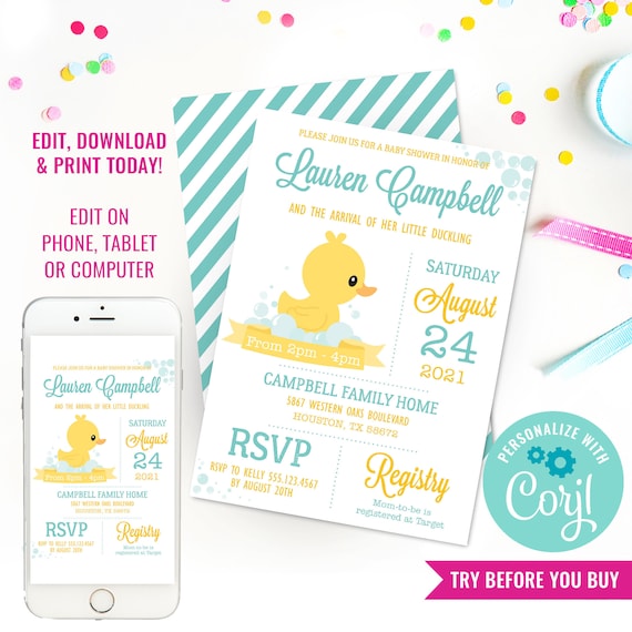 Rubber Duck Baby Shower Invitation - Rubber Ducky Unisex Baby Shower Invitation - Instant Download & Edit File with Corjl Il_570xn