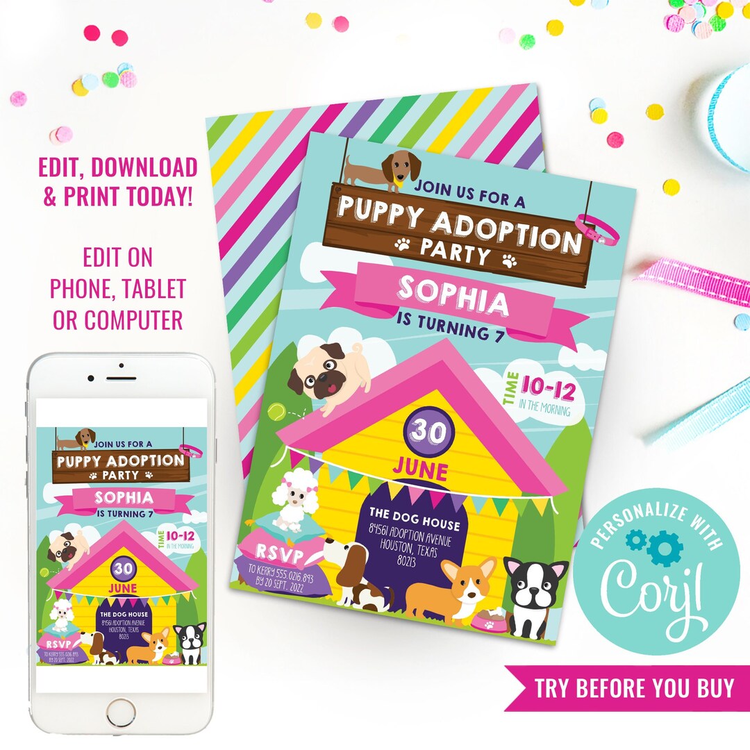Girl Birthday Party Puppy Adoption Invitation Pet Adoption Party Invite ...