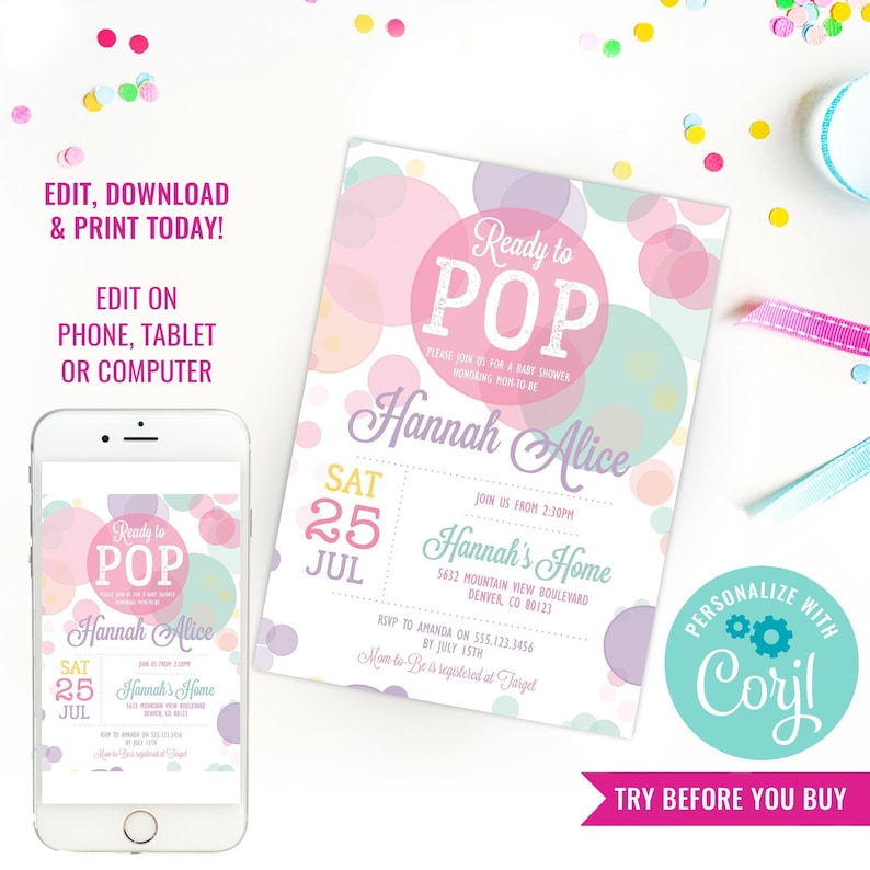 Puede incluir: Una invitaci&oacute;n de baby shower imprimible con un esquema de color rosa, azul y amarillo. La invitaci&oacute;n presenta un patr&oacute;n circular con el texto "Ready to POP" y "Hannah Alice". La invitaci&oacute;n tambi&eacute;n incluye la fecha y la hora de la ducha, la direcci&oacute;n y la informaci&oacute;n de RSVP.
