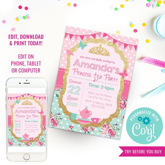Princess Tea Party Invitation - Pink and Gold Glitter Shabby Chic - Instant Download & Edit File with Corjl Il_570xn