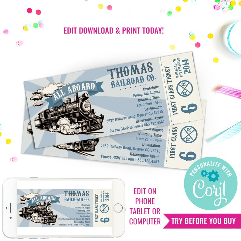 May include: A printable invitation for a Thomas the Tank Engine themed party. The invitation is designed to look like a train ticket with a vintage train illustration and the text "All Aboard Thomas Railroad Co." The ticket is blue and white with a red border and the text "First Class Ticket" printed on the side.