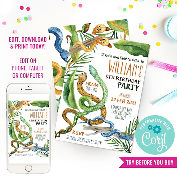 Snake Party Invitation - Snake Invite - Reptile Party - Snake Birthday Party Invitation - Instant Download & Edit File with Corjl Il_570xn
