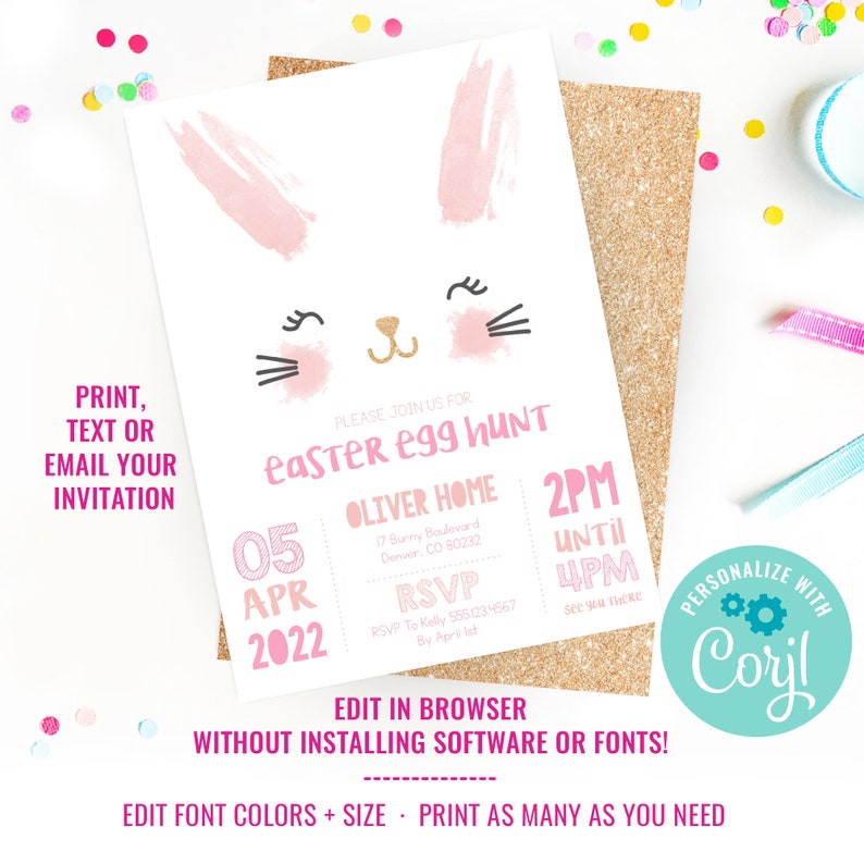 Bunny Invite Easter Egg Hunt Invitation Watercolor Easter Bunny Glitter Invitation Instant Download & Edit File with Corjl image 2