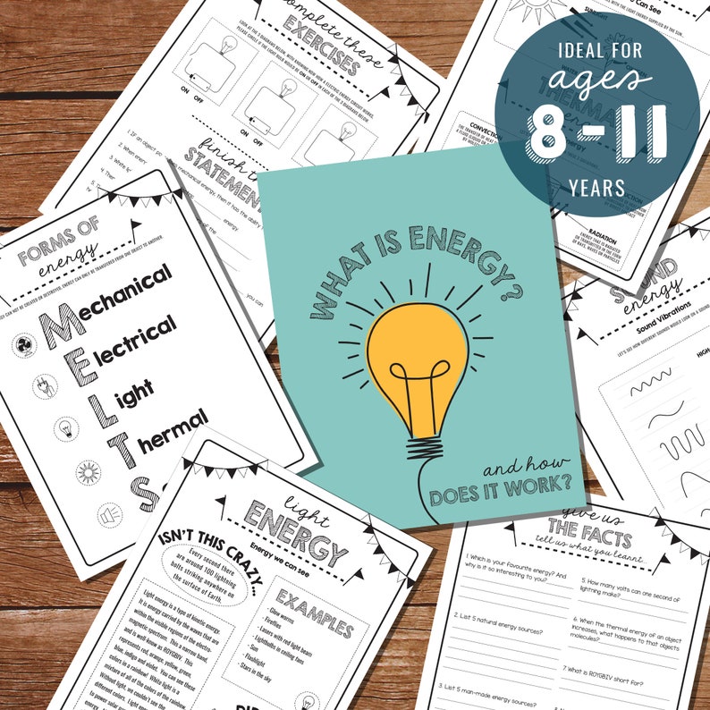 May include: A set of printable educational worksheets for kids about different forms of energy. The worksheets feature colorful illustrations and text, including "What is Energy?" and "Forms of Energy".