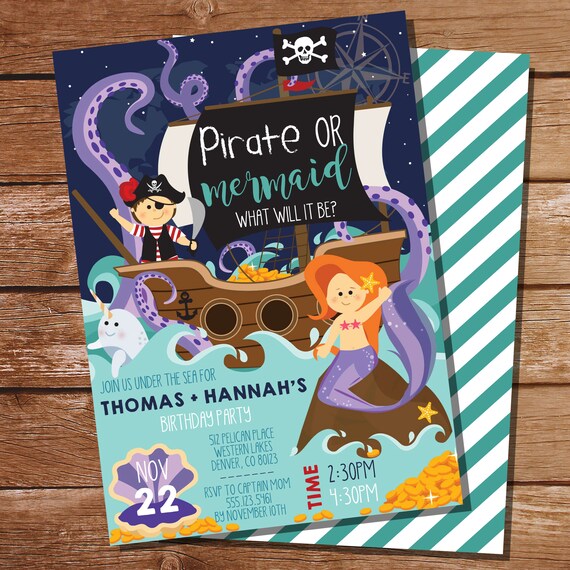 Pirate and Mermaid Party Invitation - Mermaid and Pirate Party Invitation - Under The Sea Party - Instant Download and Editable File Il_570xn