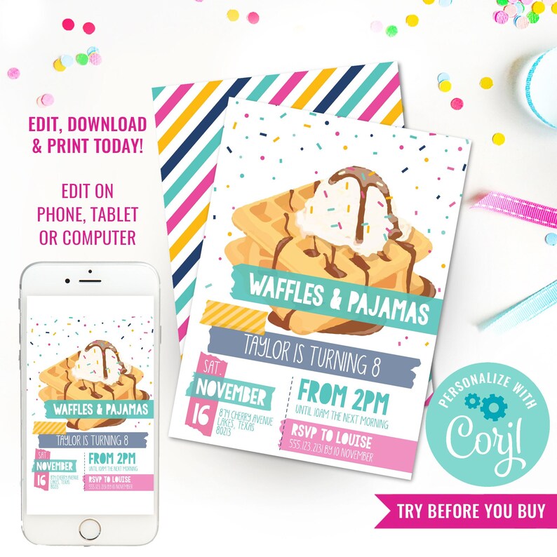 Waffle Party Invitation Slumber Party Invitation Tween Party Invitation Waffle Invitation Instant Download & Edit File with Corjl image 1