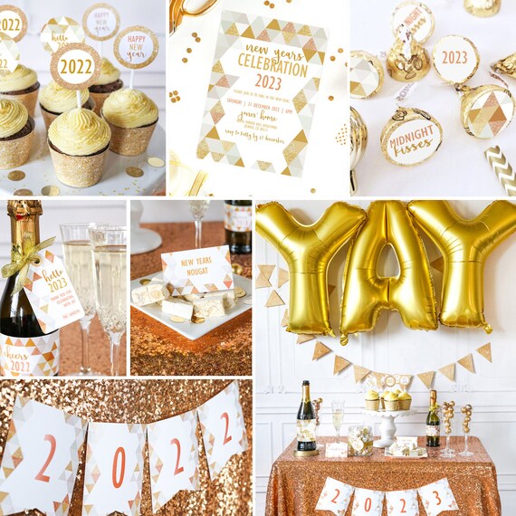 New Years Eve Party Decor 2023 - Gold Glitter New Years Party Decorations - Instant Download and Edit with Adobe Reader - Print at Home! Il_570xn