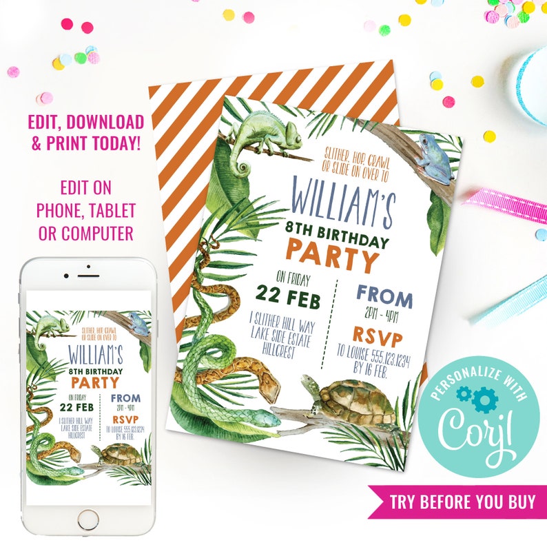 Puede incluir: Invitaci&oacute;n editable para una fiesta de cumplea&ntilde;os n&uacute;mero 8 con tem&aacute;tica de la jungla con un camale&oacute;n, una serpiente, una tortuga y una rana. La invitaci&oacute;n est&aacute; impresa en cartulina blanca con un esquema de color verde, naranja y marr&oacute;n. El texto de la invitaci&oacute;n dice: "Slither, Hop, Crawl or Slide on Over to William's 8th Birthday Party on Friday, February 22nd from 2pm to 4pm. I Slither Hill Way, Lake Side Estate, Hillcrest. RSVP to Louise 555.123.1234 by 16 Feb."