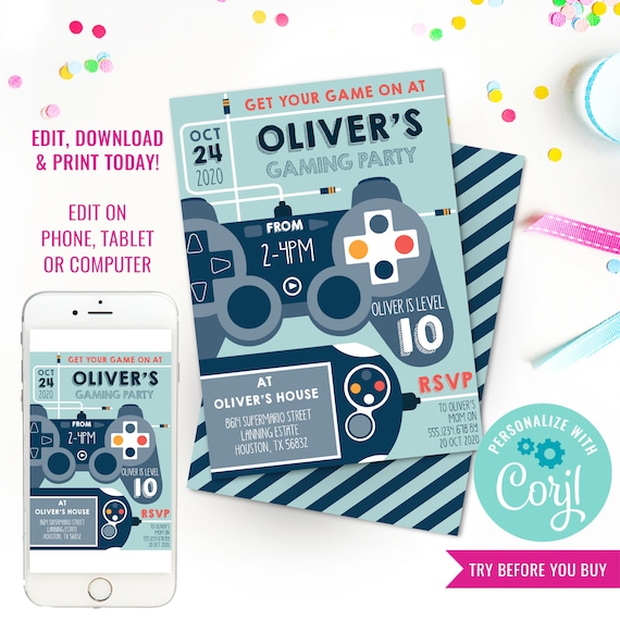 Gaming Party Invitation - Video Game Invitation - Gamer Party Invitation - Instant Download & Edit File with Corjl Il_570xn