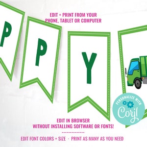 Garbage Truck Party Happy Birthday Banner Garbage Truck Party Banner Instant Download & Edit File with Corjl image 2