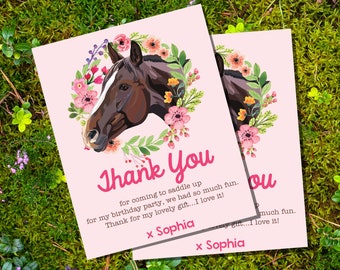 Horse Birthday Party Thank-You Card for a Girl | Pony Thank-You Card Instant Download and Edit at home with Adobe Reader