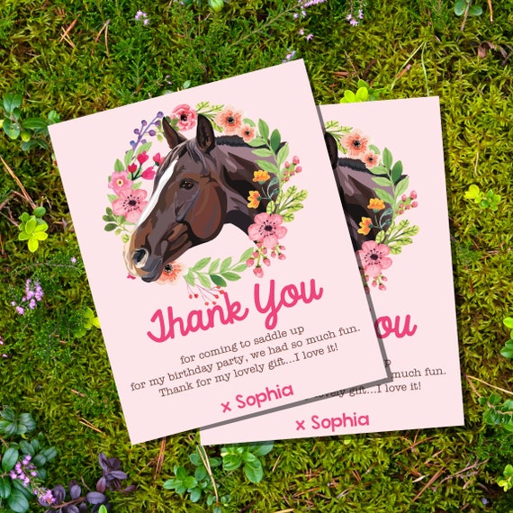 Horse Birthday Party Thank-You Card for a Girl | Pony Thank-You Card Instant Download and Edit at home with Adobe Reader Il_570xn