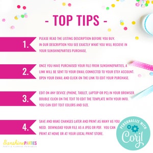 May include: A pink and white graphic with four numbered steps for editing a digital file. The steps include reading the listing description, opening an email with a link to edit the file, editing the file on any device, and saving and printing the file. The graphic also includes a teal circle with the text "PERSONALIZE WITH Coril" in white.