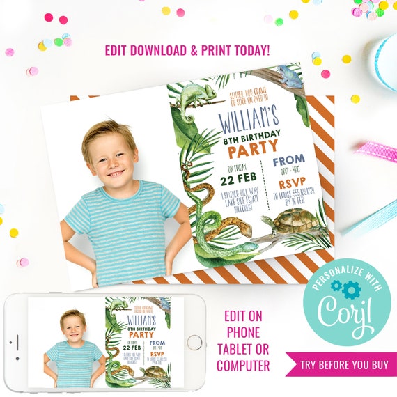 Reptile Party Invitation - Reptile Invite - Reptile Party - Snake Photo Invitation - Instant Download & Edit File with Corjl Il_570xn