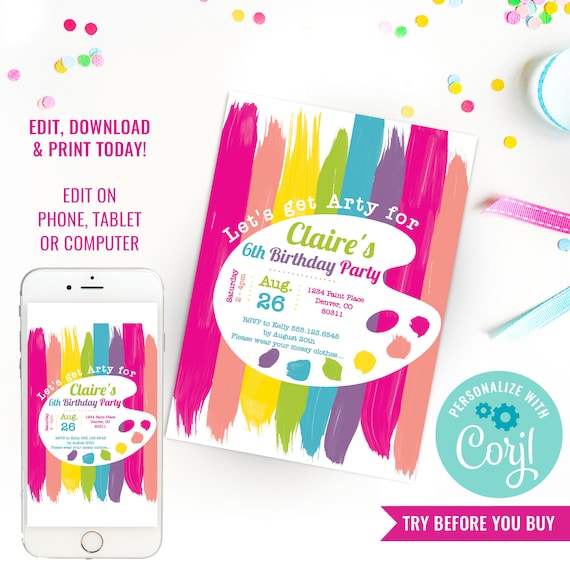Art Party Invitation - Rainbow Art Party - Arty Party Invitation - Artsy Party Invitation - Instant Download & Edit File with Corjl Il_570xn
