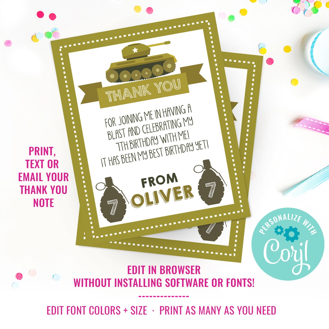 Army Tank Birthday Party Thank You Card for a Boy Army Party Etsy