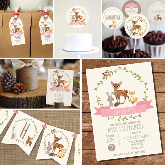 Woodland Baby Shower Printable Set for a Girl - Girl Woodland Baby Shower - Instant Download - Edit File at home with Adobe Reader Il_570xn