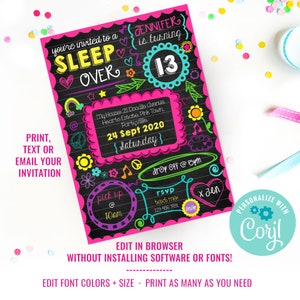 May include: A pink and black printable invitation for a sleepover party. The invitation features a chalkboard style background with colorful doodles and the text "You're invited to a Sleep Over". The invitation also includes the name "Jennifer" and the age "13".