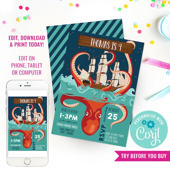 Kraken Birthday Invitation - Kraken Party - Octopus Invitation - Sea Creature Party Invitation - Instant Download & Edit File with Corjl Il_570xn