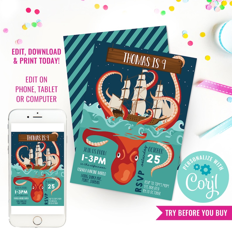 May include: Editable printable invitation for a 9th birthday party with an octopus and ship graphic. The invitation is blue, red, and white with the text "Thomas is 9" and "RSVP Saturday, October 25".