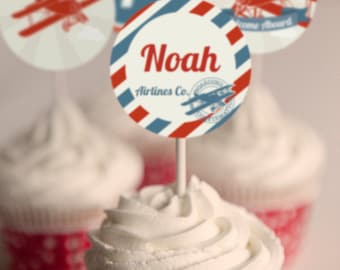 Airplane Party Cupcake Toppers - Vintage Airplane Party - Instant Download and Editable File - Personalize at home with Adobe Reader