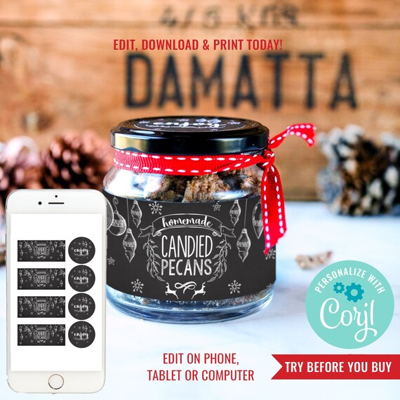 Candied Pecans DIY Christmas Gift Labels and Recipe - Homemade Christmas Gifts - DIY Teachers Gift - Instant Download & Edit File with Corjl Il_570xn