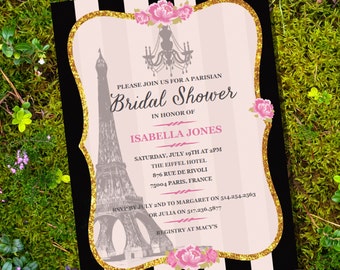 French Parisian Bridal Shower Invitation - Gold Glitter Bachelorette Invitation - Instant Download, Edit and Print at home with Adobe Reader