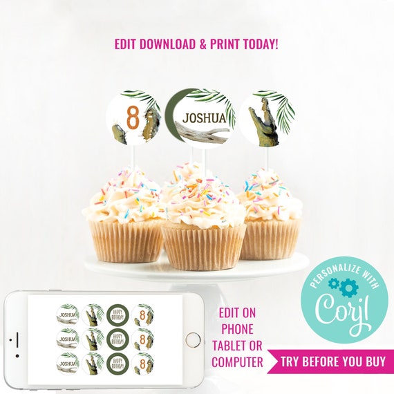 Crocodile Party Cupcake Toppers - Crocodile Party Toppers - Alligator Party Cupcakes - Instant Download & Edit File with Corjl Il_570xn