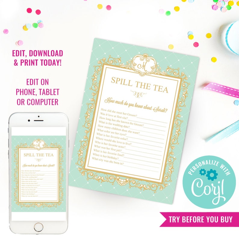 K&ouml;nnte beinhalten: Eine mintgr&uuml;ne Brautparty-Spielkarte mit goldenen, verzierten R&auml;ndern und dem Text "Spill the Tea". Die Karte enth&auml;lt L&uuml;ckentexte &uuml;ber die Braut. Ein Smartphone zeigt das gleiche Design. Der Text lautet "Edit, Download & Print Today!"