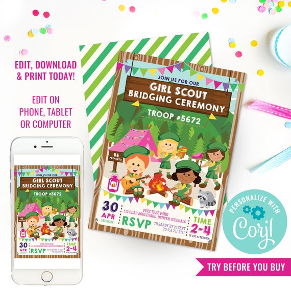 Girl Scout Bridging Ceremony Invitation - Girl Scout Invitation - Camping Invitation - Instant Download & Edit File with Corjl Il_570xn