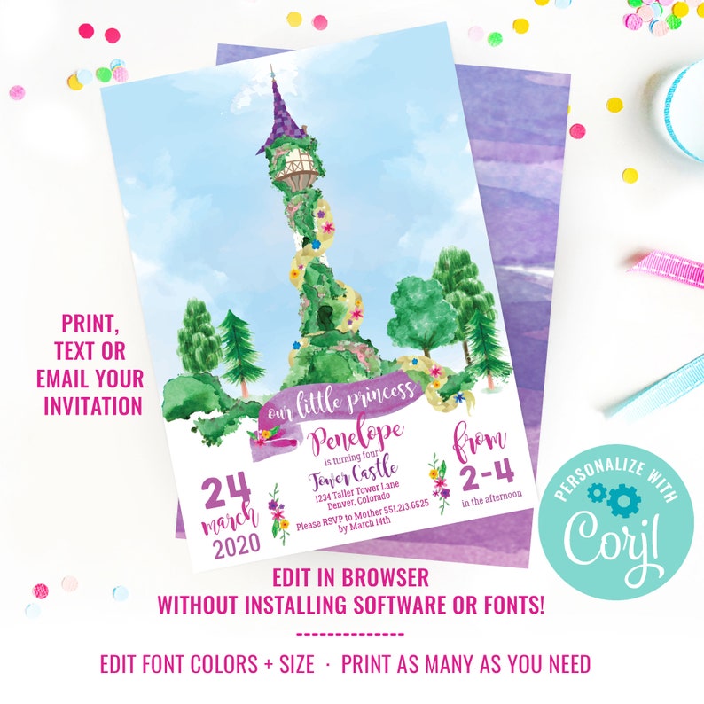 Rapunzel Party Invitation Princess Party Invitation Instant Download Edit File with Corjl