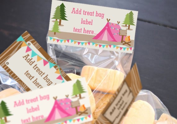 Camping Tent Party Treat Bag Topper Labels - Treat Bag Toppers - Camp Out - Glamping Editable - Instant Download & Edit with Adobe Reader Il_570xn