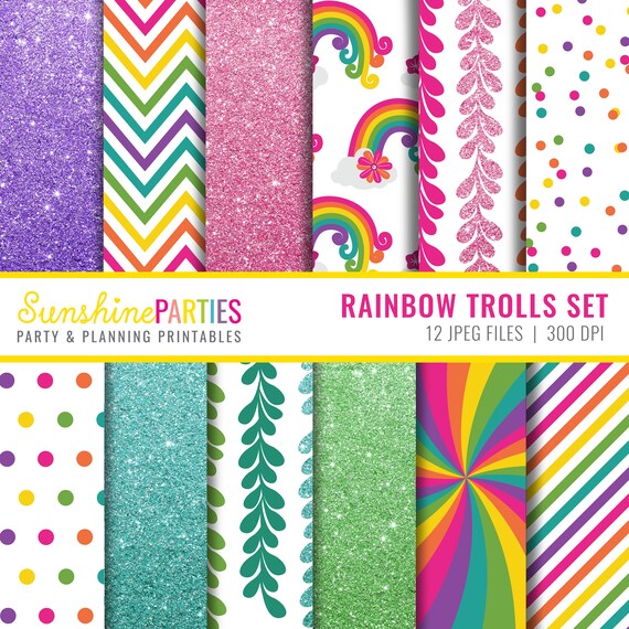 Trolls Inspired Digital Paper Set - Rainbow Trolls Design Paper Set - Instant Download Il_570xn