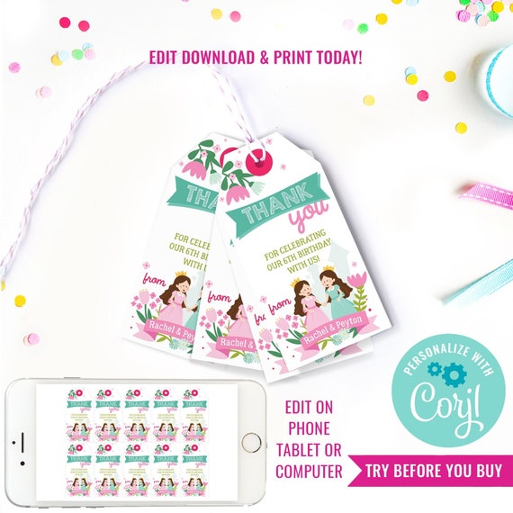 Twin-cess Birthday Party Favor Tags - Twin Princess Party Favors - Twin Girls Party Favors - Instant Download & Edit File with Corjl Il_570xn
