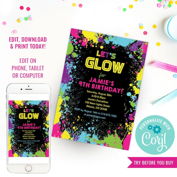 Neon Glow Party Theme Invitation - Glow Birthday Party Invite - Instant Download & Edit File with Corjl Il_570xn