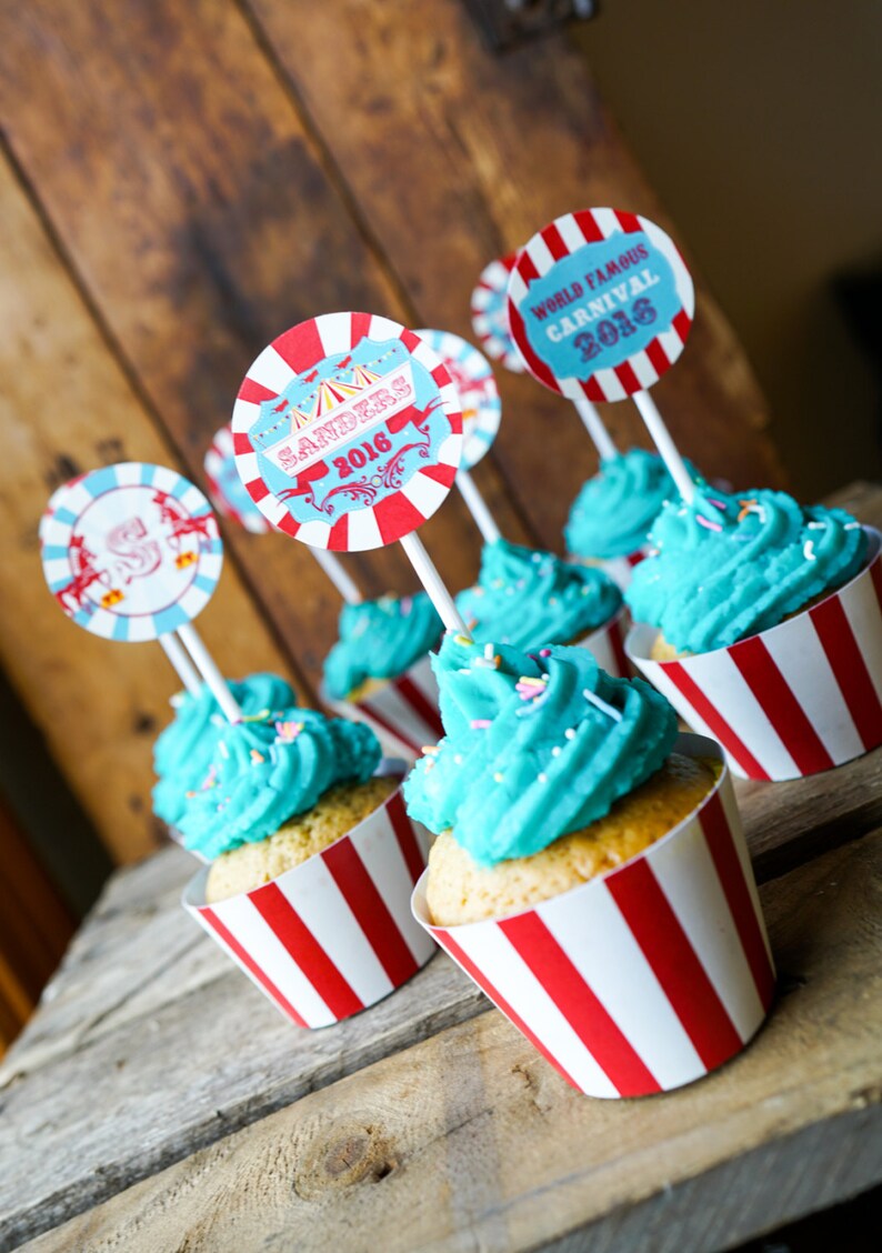 Carnival Cupcake Toppers and Cupcake Wrappers Carnival Printables Instant Download and Edit File at home with Adobe Reader
