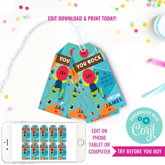 Rock Climbing Party Favor Tag - Indoor Climbing Party Favors - Rock Climbing Party Favor Tags - Instant Download & Edit File in Corjl Il_570xn