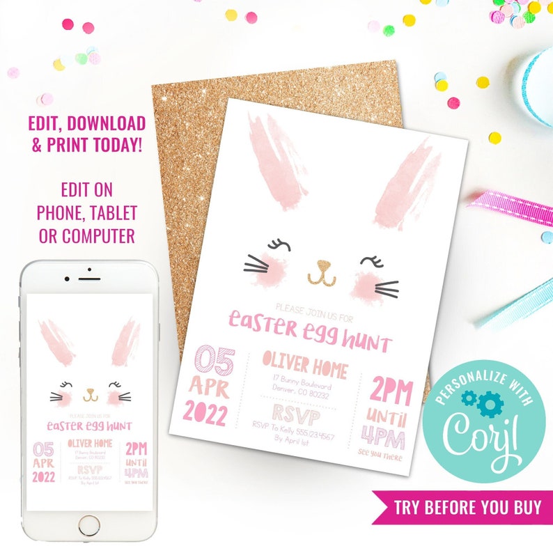 Bunny Invite Easter Egg Hunt Invitation Watercolor Easter Bunny Glitter Invitation Instant Download & Edit File with Corjl image 1