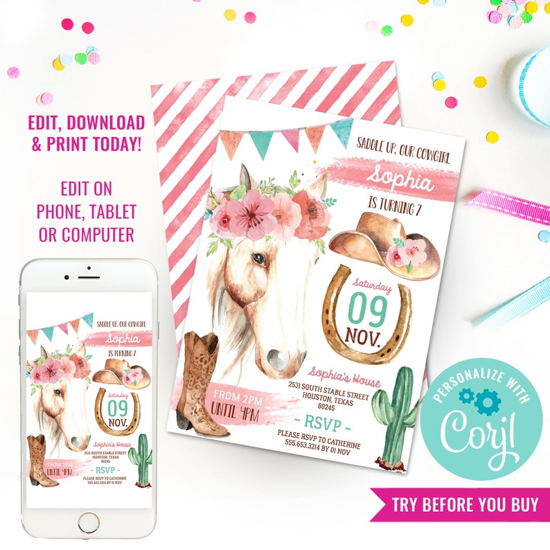 Cowgirl Birthday Party Invitation Cowgirl Watercolor Invitation Horse Party Instant Download & Edit File with Corjl image 1