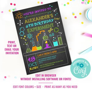 May include: A colorful chalkboard style invitation for a 6th birthday party with a science theme. The invitation says "You're invited to Alexander's 6th Birthday Experiment". The invitation includes a date of October 18, 2021, and a time of 2-4 PM. The invitation also includes a location and RSVP information.