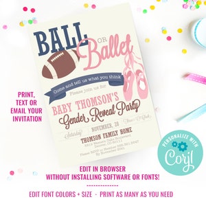 Ball or Ballet Gender Reveal Party Invitation Football or Ballet Instant Download & Edit File with Corjl image 2